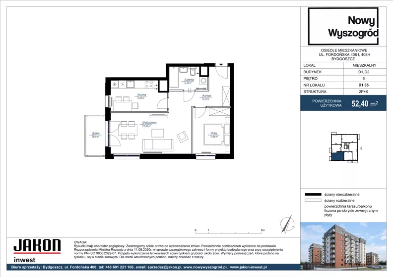 2 pokoje, mieszkanie 52,40 m², piętro 6, oferta nr D1.35, Nowy Wyszogród, Bydgoszcz, Stary Fordon, ul. Fordońska 408