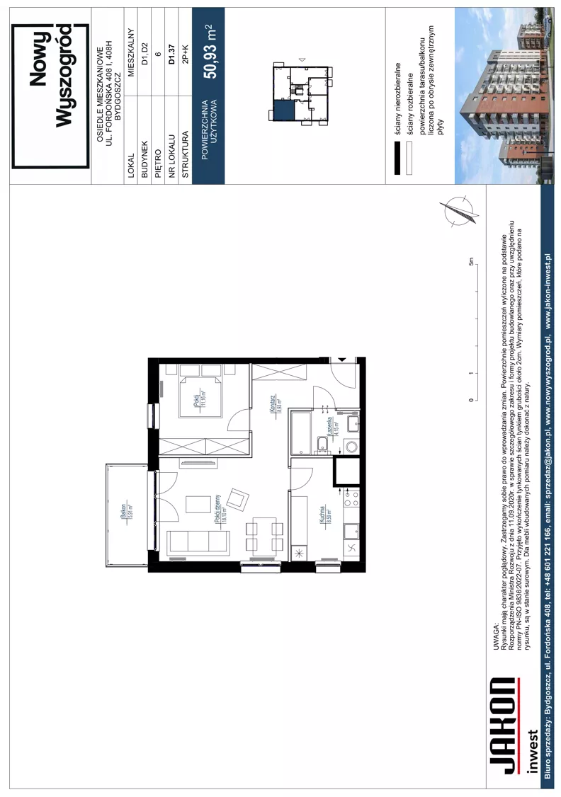 2 pokoje, mieszkanie 50,93 m², piętro 6, oferta nr D1.37, Nowy Wyszogród, Bydgoszcz, Stary Fordon, ul. Fordońska 408