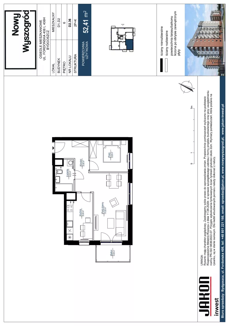 2 pokoje, mieszkanie 52,41 m², piętro 6, oferta nr D2.36, Nowy Wyszogród, Bydgoszcz, Stary Fordon, ul. Fordońska 408