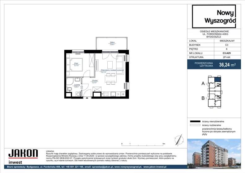 2 pokoje, mieszkanie 36,24 m², piętro 6, oferta nr C3.A25, Nowy Wyszogród, Bydgoszcz, Stary Fordon, ul. Fordońska 408