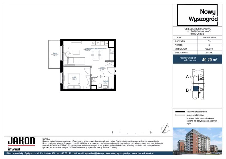 2 pokoje, mieszkanie 40,20 m², piętro 6, oferta nr C3.B56, Nowy Wyszogród, Bydgoszcz, Stary Fordon, ul. Fordońska 408