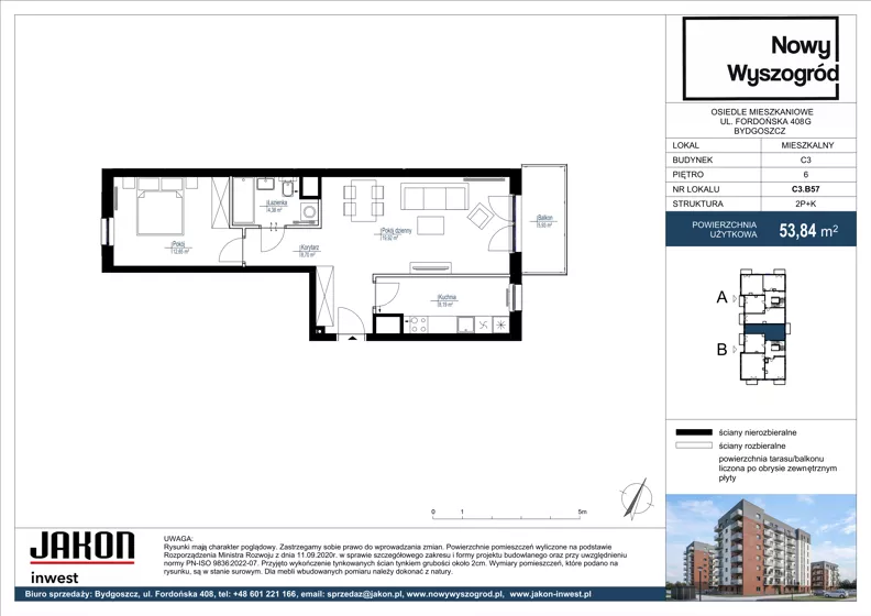2 pokoje, mieszkanie 53,84 m², piętro 6, oferta nr C3.B57, Nowy Wyszogród, Bydgoszcz, Stary Fordon, ul. Fordońska 408