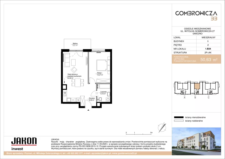 2 pokoje, mieszkanie 50,63 m², piętro 2, oferta nr 1.B24, Gombrowicza 33, Gniezno, ul. Gombrowicza 33