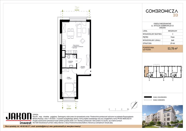 2 pokoje, mieszkanie 53,78 m², parter, oferta nr 3.A1, Gombrowicza 33, Gniezno, ul. Gombrowicza 33