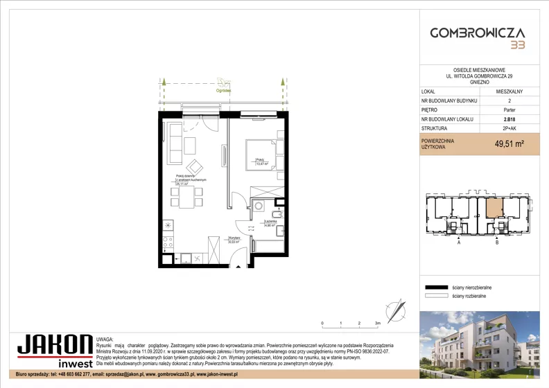 2 pokoje, mieszkanie 49,51 m², parter, oferta nr 2.B18, Gombrowicza 33, Gniezno, ul. Gombrowicza 33