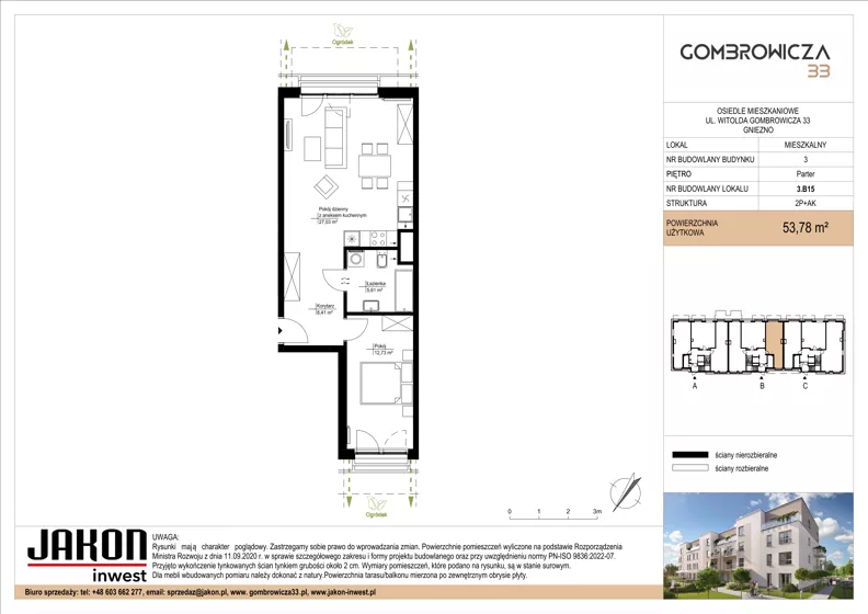 2 pokoje, mieszkanie 53,78 m², parter, oferta nr 3.B15, Gombrowicza 33, Gniezno, ul. Gombrowicza 33