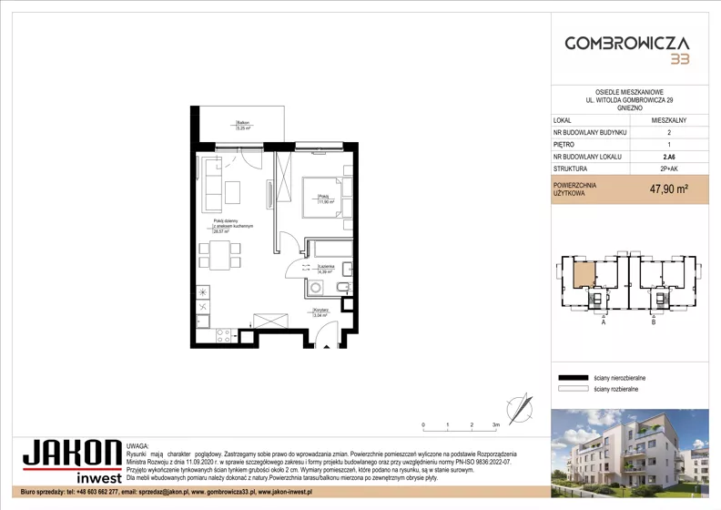2 pokoje, mieszkanie 47,90 m², piętro 1, oferta nr 2.A6, Gombrowicza 33, Gniezno, ul. Gombrowicza 33