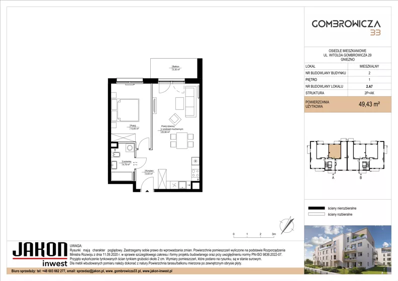 2 pokoje, mieszkanie 49,43 m², piętro 1, oferta nr 2.A7, Gombrowicza 33, Gniezno, ul. Gombrowicza 33