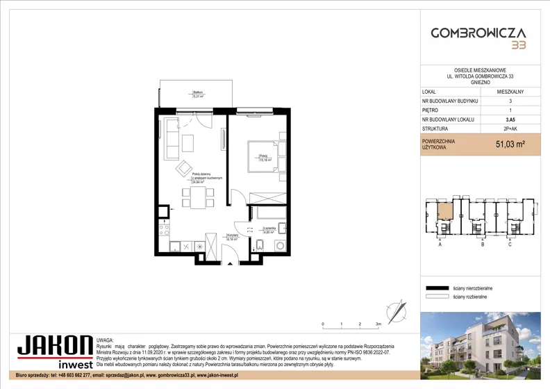 2 pokoje, mieszkanie 51,03 m², piętro 1, oferta nr 3.A5, Gombrowicza 33, Gniezno, ul. Gombrowicza 33