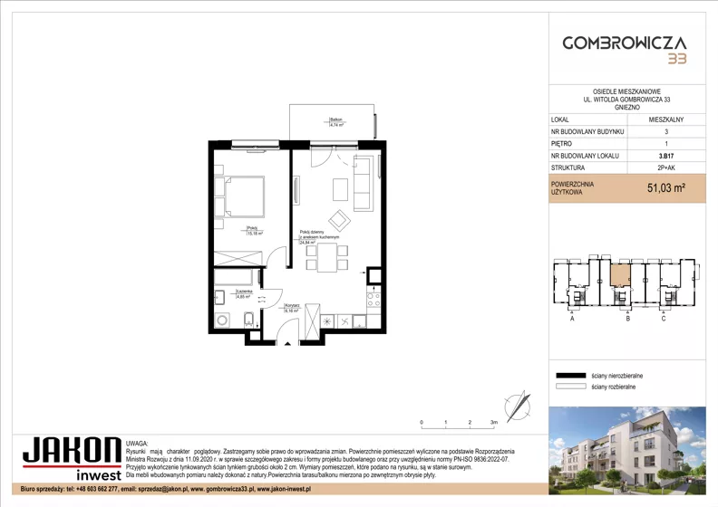 2 pokoje, mieszkanie 51,03 m², piętro 1, oferta nr 3.B17, Gombrowicza 33, Gniezno, ul. Gombrowicza 33