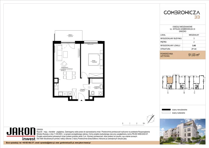 2 pokoje, mieszkanie 51,03 m², piętro 2, oferta nr 3.A8, Gombrowicza 33, Gniezno, ul. Gombrowicza 33