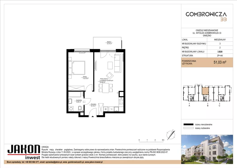 2 pokoje, mieszkanie 51,03 m², piętro 2, oferta nr 3.B20, Gombrowicza 33, Gniezno, ul. Gombrowicza 33