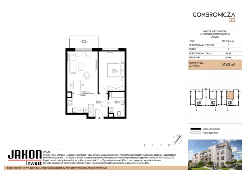 2 pokoje, mieszkanie 51,62 m², piętro 2, oferta nr 3.C32, Gombrowicza 33, Gniezno, ul. Gombrowicza 33