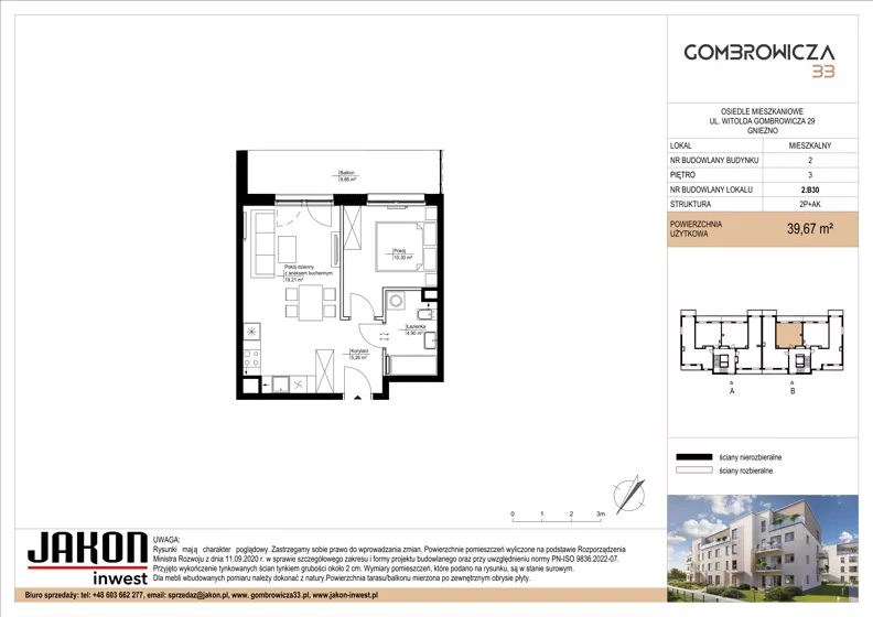 2 pokoje, mieszkanie 39,67 m², piętro 3, oferta nr 2.B30, Gombrowicza 33, Gniezno, ul. Gombrowicza 33