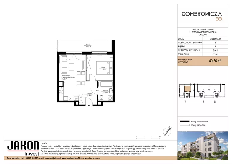 2 pokoje, mieszkanie 40,76 m², piętro 3, oferta nr 3.A11, Gombrowicza 33, Gniezno, ul. Gombrowicza 33