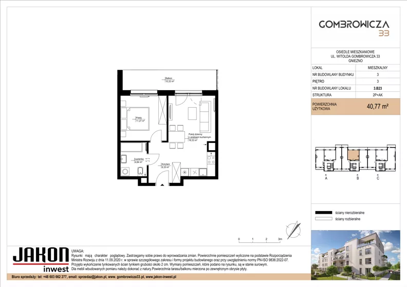 2 pokoje, mieszkanie 40,77 m², piętro 3, oferta nr 3.B23, Gombrowicza 33, Gniezno, ul. Gombrowicza 33