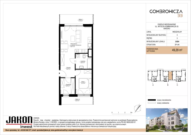 2 pokoje, mieszkanie 49,29 m², piętro 3, oferta nr 3.B24, Gombrowicza 33, Gniezno, ul. Gombrowicza 33
