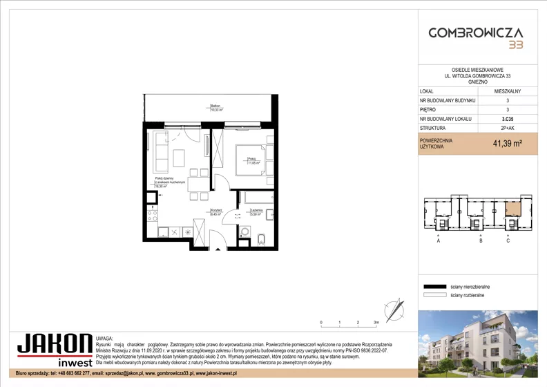 2 pokoje, mieszkanie 41,39 m², piętro 3, oferta nr 3.C35, Gombrowicza 33, Gniezno, ul. Gombrowicza 33