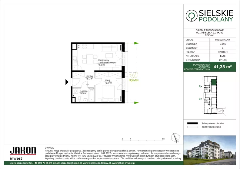 2 pokoje, mieszkanie 41,35 m², parter, oferta nr E.A3, Sielskie Podolany, Poznań, Podolany, Podolany, ul. Jasielska 9