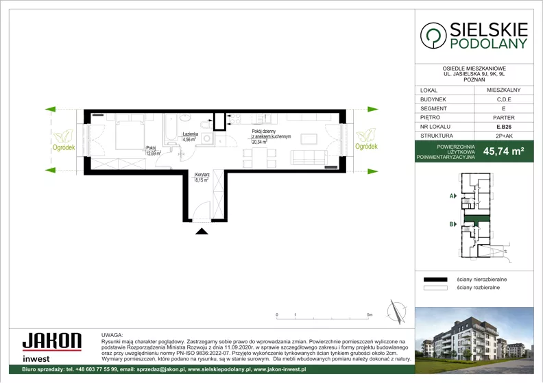 2 pokoje, mieszkanie 45,74 m², parter, oferta nr E.B26, Sielskie Podolany, Poznań, Podolany, Podolany, ul. Jasielska 9