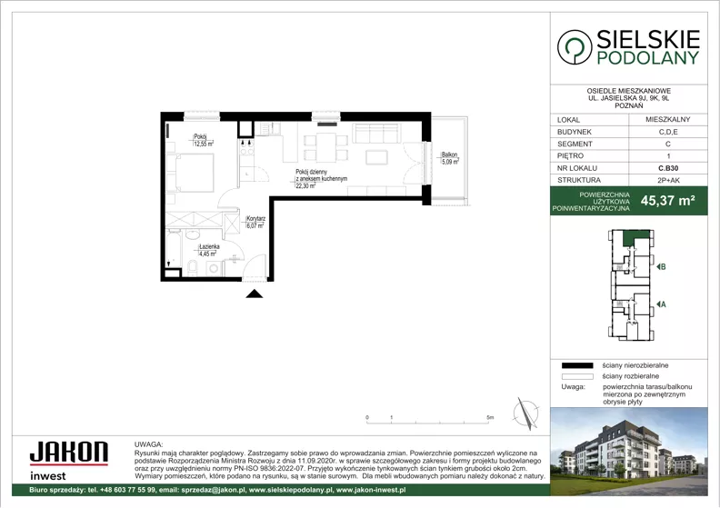 2 pokoje, mieszkanie 45,37 m², piętro 1, oferta nr C.B30, Sielskie Podolany, Poznań, Podolany, Podolany, ul. Jasielska 9