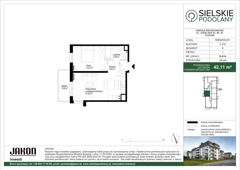 2 pokoje, mieszkanie 42,11 m², piętro 1, oferta nr D.A14, Sielskie Podolany, Poznań, Podolany, Podolany, ul. Jasielska 9