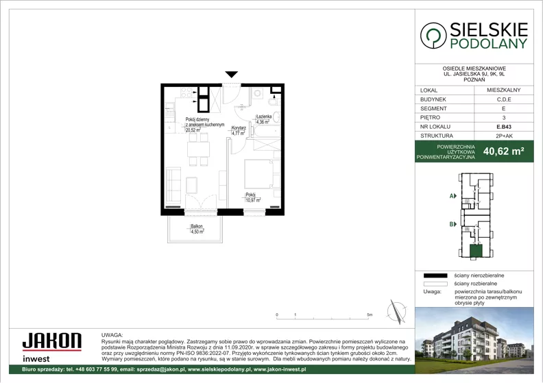 2 pokoje, mieszkanie 40,62 m², piętro 3, oferta nr E.B43, Sielskie Podolany, Poznań, Podolany, Podolany, ul. Jasielska 9