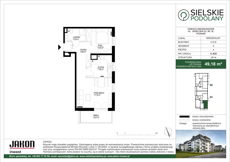 2 pokoje, mieszkanie 49,18 m², piętro 4, oferta nr C.A22, Sielskie Podolany, Poznań, Podolany, Podolany, ul. Jasielska 9