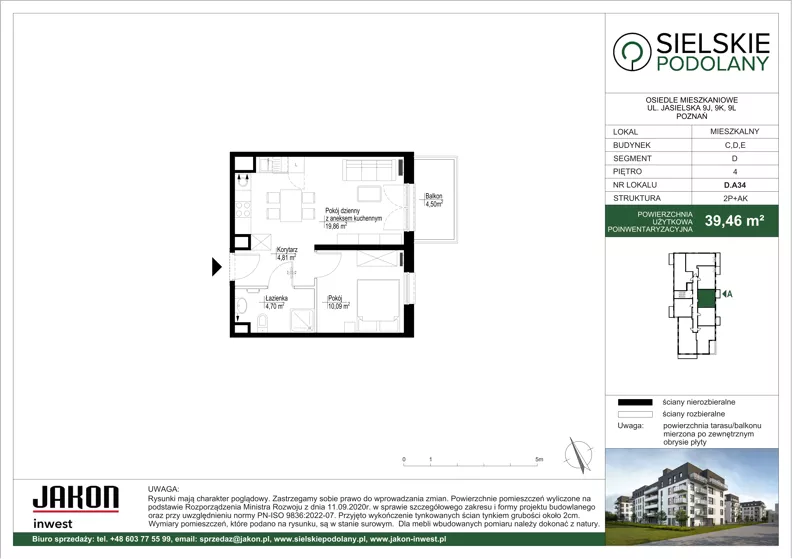 2 pokoje, mieszkanie 39,46 m², piętro 4, oferta nr D.A34, Sielskie Podolany, Poznań, Podolany, Podolany, ul. Jasielska 9