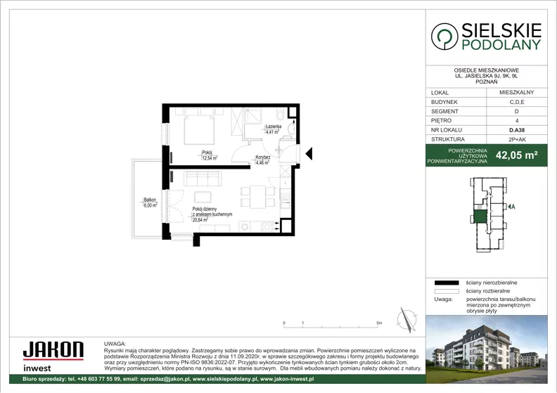 2 pokoje, mieszkanie 42,05 m², piętro 4, oferta nr D.A38, Sielskie Podolany, Poznań, Podolany, Podolany, ul. Jasielska 9