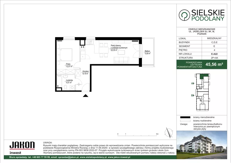 2 pokoje, mieszkanie 45,56 m², piętro 4, oferta nr E.A22, Sielskie Podolany, Poznań, Podolany, Podolany, ul. Jasielska 9