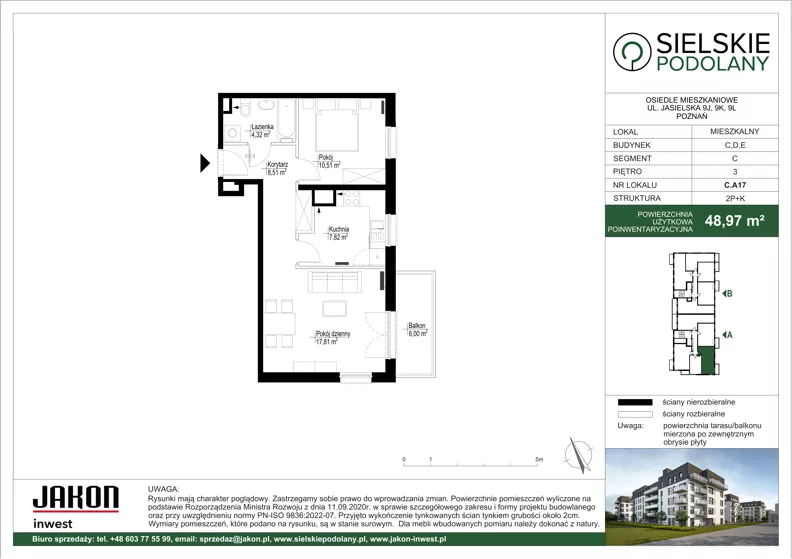 2 pokoje, mieszkanie 48,97 m², piętro 3, oferta nr C.A17, Sielskie Podolany, Poznań, Podolany, Podolany, ul. Jasielska 9