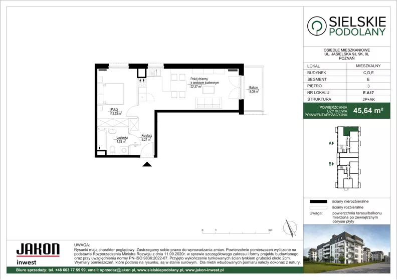 2 pokoje, mieszkanie 45,64 m², piętro 3, oferta nr E.A17, Sielskie Podolany, Poznań, Podolany, Podolany, ul. Jasielska 9