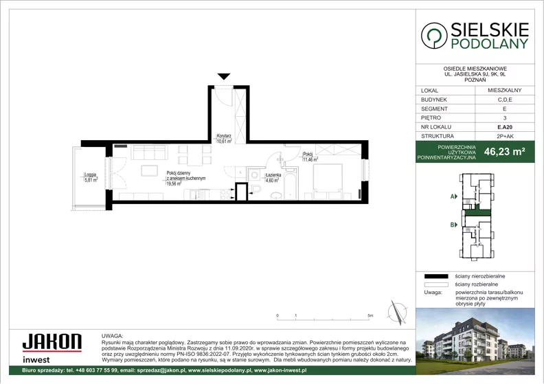 2 pokoje, mieszkanie 46,23 m², piętro 3, oferta nr E.A20, Sielskie Podolany, Poznań, Podolany, Podolany, ul. Jasielska 9