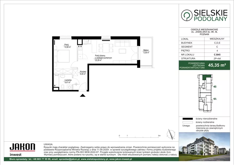 2 pokoje, mieszkanie 45,35 m², piętro 4, oferta nr C.B45, Sielskie Podolany, Poznań, Podolany, Podolany, ul. Jasielska 9