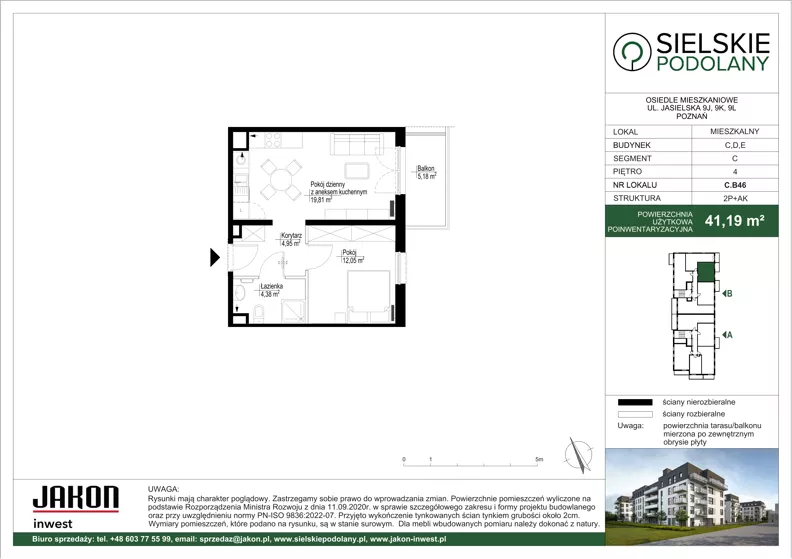 2 pokoje, mieszkanie 41,19 m², piętro 4, oferta nr C.B46, Sielskie Podolany, Poznań, Podolany, Podolany, ul. Jasielska 9