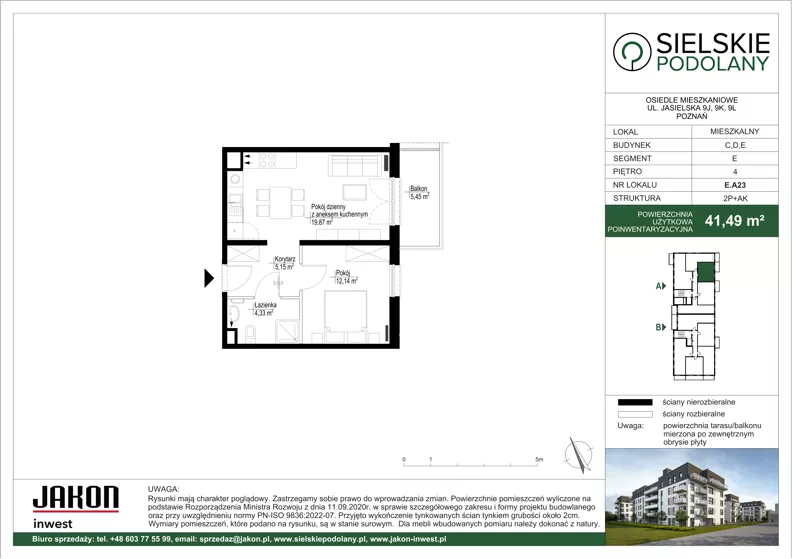2 pokoje, mieszkanie 41,49 m², piętro 4, oferta nr E.A23, Sielskie Podolany, Poznań, Podolany, Podolany, ul. Jasielska 9