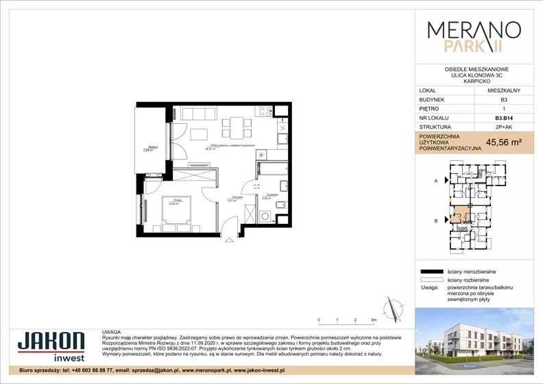 2 pokoje, mieszkanie 45,56 m², piętro 1, oferta nr B3.B14, Merano Park II, Wolsztyn, ul. Klonowa 3