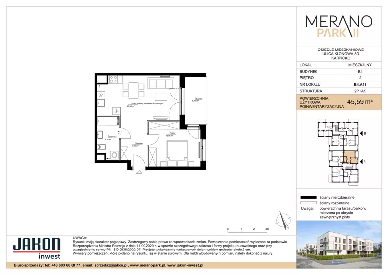 2 pokoje, mieszkanie 45,59 m², piętro 2, oferta nr B4.A11, Merano Park II, Wolsztyn, ul. Klonowa 3