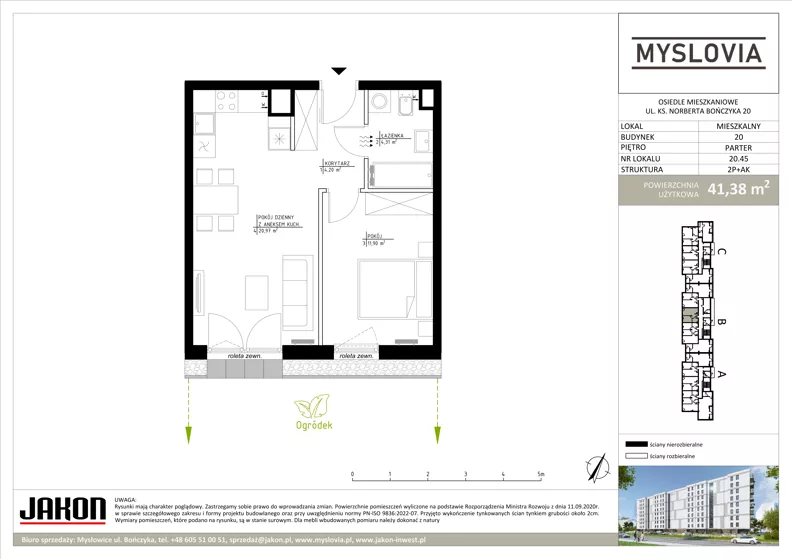 2 pokoje, mieszkanie 41,38 m², parter, oferta nr 20.45, Myslovia, Mysłowice, ul. Ks. Norberta Bończyka 20