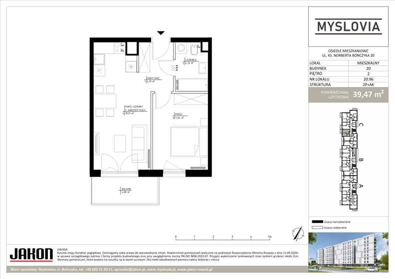 2 pokoje, mieszkanie 39,47 m², piętro 2, oferta nr 20.96, Myslovia, Mysłowice, ul. Ks. Norberta Bończyka 20