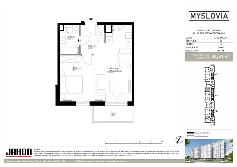 2 pokoje, mieszkanie 41,51 m², piętro 3, oferta nr 20.60, Myslovia, Mysłowice, ul. Ks. Norberta Bończyka 20