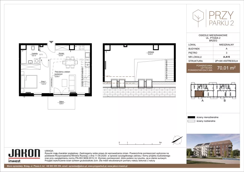 2 pokoje, mieszkanie 70,01 m², piętro 3, oferta nr A.A15, Przy Parku 2, Brzeg, ul. Ptasia 2