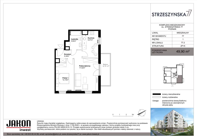 2 pokoje, mieszkanie 49,90 m², piętro 1, oferta nr 77.2, Strzeszyńska 77, Poznań, Podolany, ul. Strzeszyńska 77