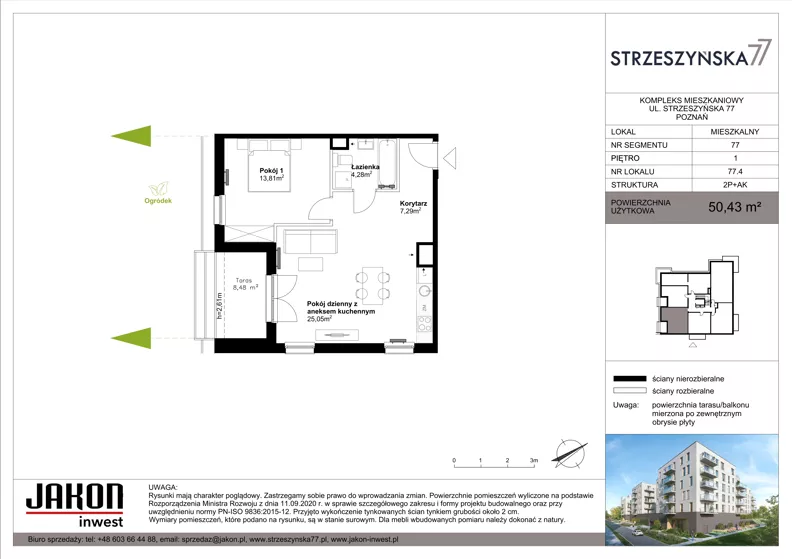 2 pokoje, mieszkanie 50,43 m², piętro 1, oferta nr 77.4, Strzeszyńska 77, Poznań, Podolany, ul. Strzeszyńska 77