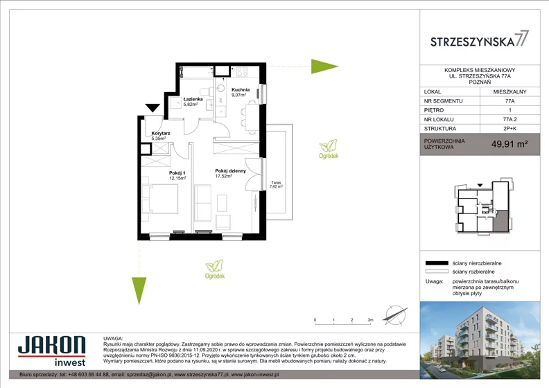 2 pokoje, mieszkanie 49,91 m², piętro 1, oferta nr 77A.2, Strzeszyńska 77, Poznań, Podolany, ul. Strzeszyńska 77