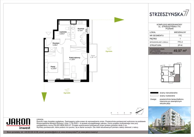 2 pokoje, mieszkanie 49,97 m², piętro 1, oferta nr 77C.2, Strzeszyńska 77, Poznań, Podolany, ul. Strzeszyńska 77