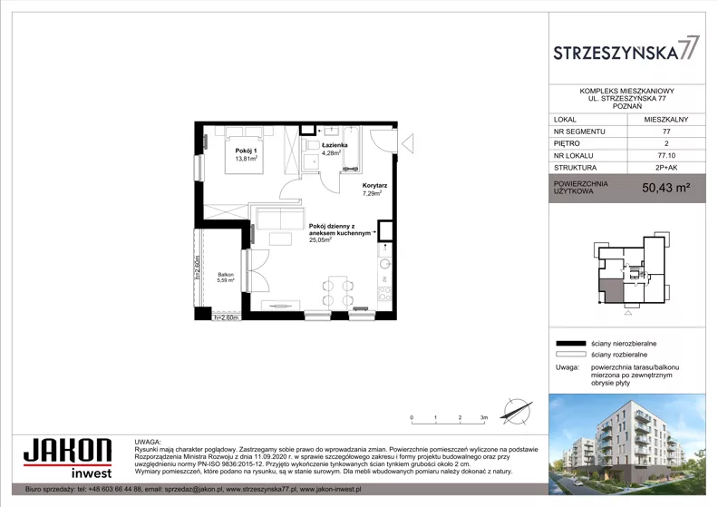 2 pokoje, mieszkanie 50,43 m², piętro 2, oferta nr 77.10, Strzeszyńska 77, Poznań, Podolany, ul. Strzeszyńska 77