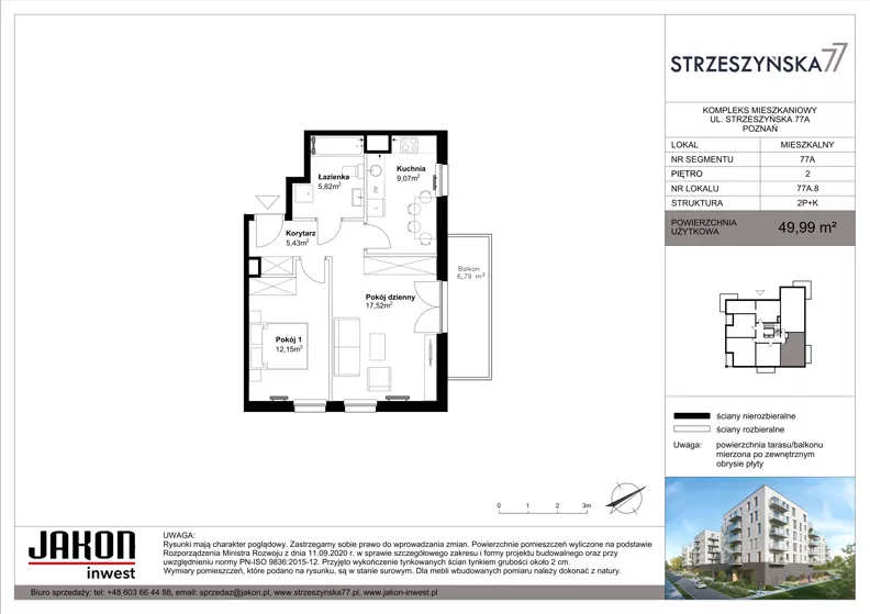 2 pokoje, mieszkanie 49,99 m², piętro 2, oferta nr 77A.8, Strzeszyńska 77, Poznań, Podolany, ul. Strzeszyńska 77