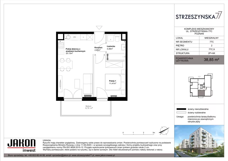 2 pokoje, mieszkanie 38,85 m², piętro 2, oferta nr 77C.9, Strzeszyńska 77, Poznań, Podolany, ul. Strzeszyńska 77